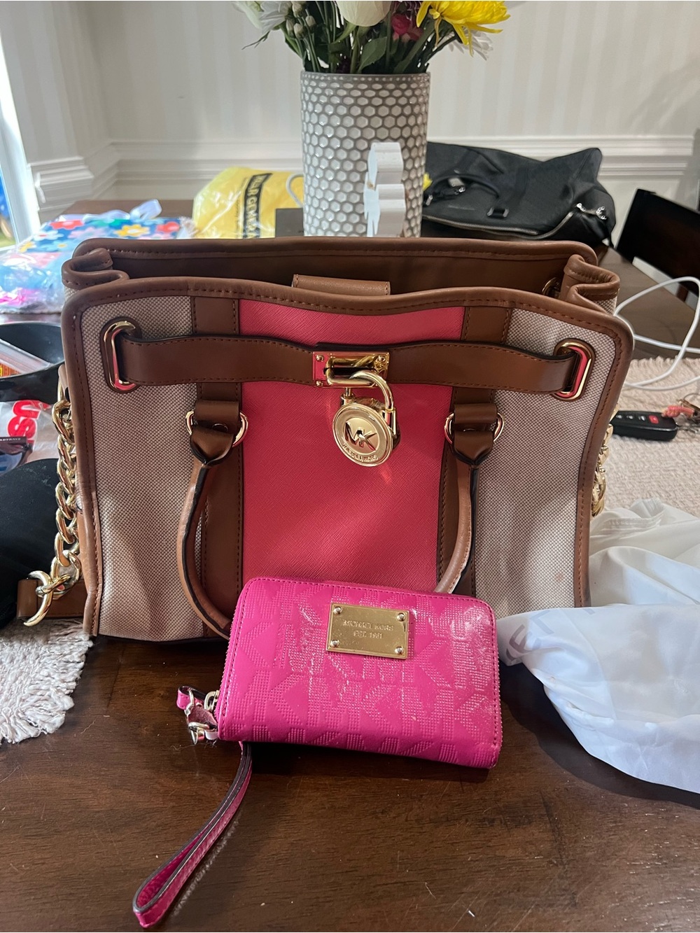 Michael Kors Pink, Brown and Beige Satchel with Matching Pink Wallet